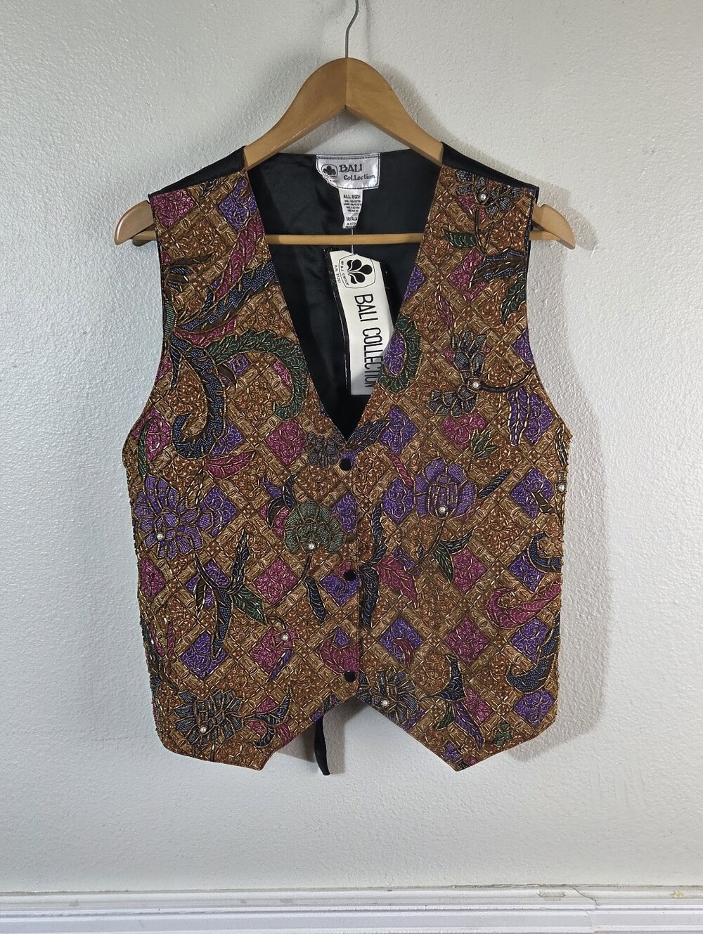 Vintage Bali Collection Beaded Floral Batik Vest Mens M L Tie Back Boho Festival